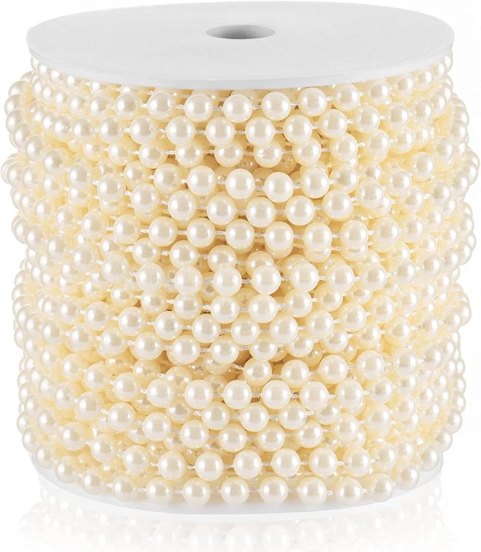 Craft String Pearls 6MM Pearl Bead, 66 Feet Ivory Faux Pearl Garland Spool Roll Strand Wedding Party Decoration, Christmas Tree Decorations (0.24 in 66 ft)