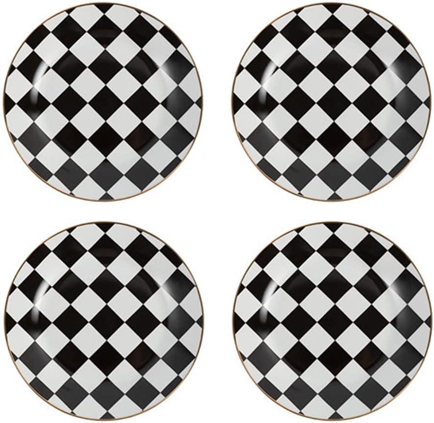 Retro Black and White Checkerboard Gold Edge Ceramic Dinner Plate Dessert Plate Salad Plate-Set of 4