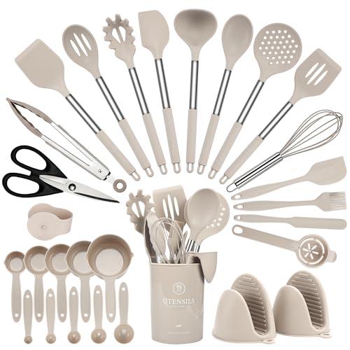Hvygss 28 Pcs Silicone Cooking Utensils Set with Stainless Steel Handle, 446℉ Heat-Resistant Kitchen Utensils Set with Holder, Dishwasher Washable Silicone Spatula for Non-stick Cookware (Khaki)