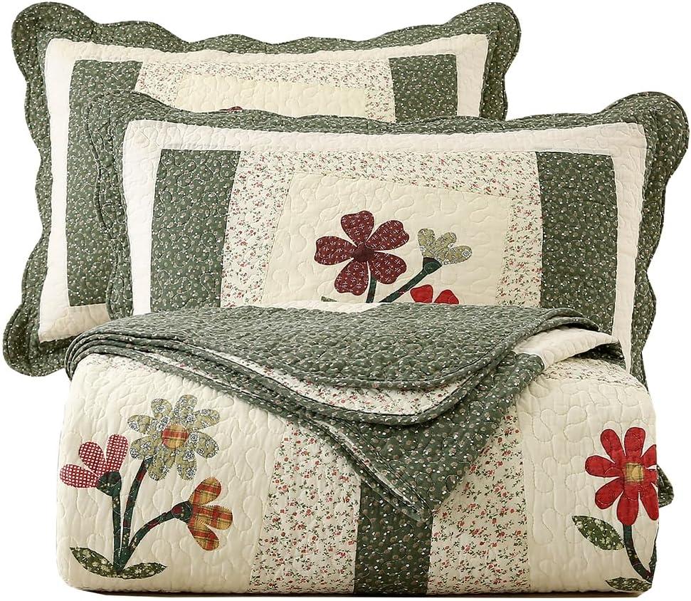 vctops Farmhouse Green 2 Piece Embroidered Floral Quilted Bedspread Quilt Set 100% Cotton Reversible Patchwork Coverlet Set 1 Quilt and 1 Pillow Sham (Green,Twin)