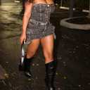 Women's Sexy 2 Piece Denim Outfits Off Shoulder Strapless Buttons Tops and Mini Cargo Skirts Club Sets (Black, S)