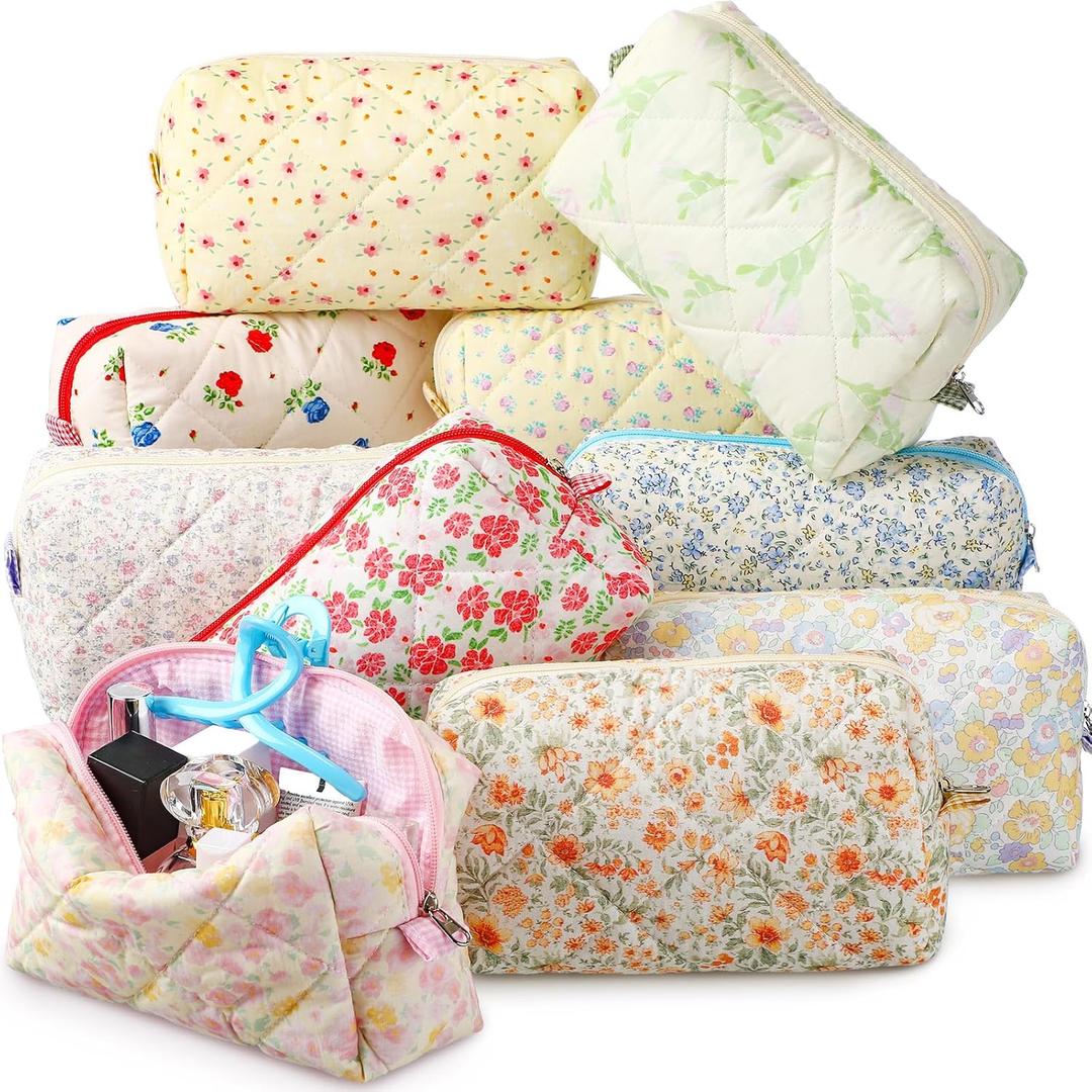 Paterr 10 Pcs Quilted Makeup Bag Bulk Cotton Floral Cosmetic Bag Women Girls Bridesmaid Gifts Cute Makeup Pouch Coquette Aesthetic Travel Toiletry Organizer(Classic Style, 7.87 x 4.72 x 3.15 Inches)