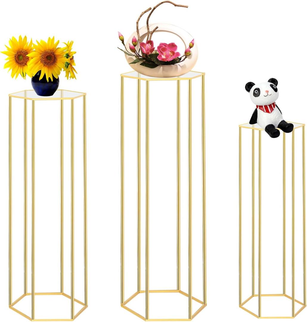 Cylinder Stands for Party, 3PCS Hexagon Cylinder Pedestal Stand, Gold Metal Plant Stand Cilindros Para Fiestas Cake Table Stand for Parties Round Cylinder Tables for Parties