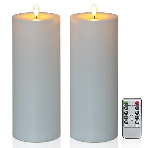Yongmao 10" x 4" Waterproof Outdoor Flameless Candles Battery Operated LED Flickering Tall Pillar Candles with Remote and Timer for Indoor Outdoor Lanterns, Long Lasting, White Set of 2