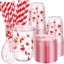 LemonRoad 50 Sets Cherry Clear Plastic Cups with Lids & Straws 16 oz Pink Party Tumblers for Iced Coffee, Smoothies, Juice & More Cute Disposable Pet Mugs for Birthdays & Gatherings