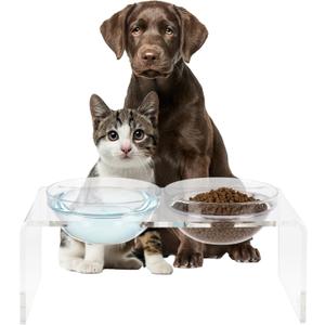 Elevated Dog and Cat Bowls Set - 7.1-Inch Tall Acrylic Dog Bowl Stand with 2 Removable Stainless Steel Bowls and 2 Plastic Bowls for Food and Water - Modern Cat and Dog Products by PETMAKER
