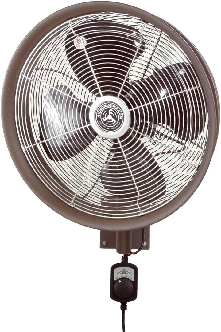 HydroMist Oscillating Wall Mounted Outdoor-Rated Fan, 3-Speed Cord Control, Hard Resin Mold-Resistant Fan Blade with Mounting Bracket and Black Vinyl Cover, Very Quiet Running, 18, Dark Brown