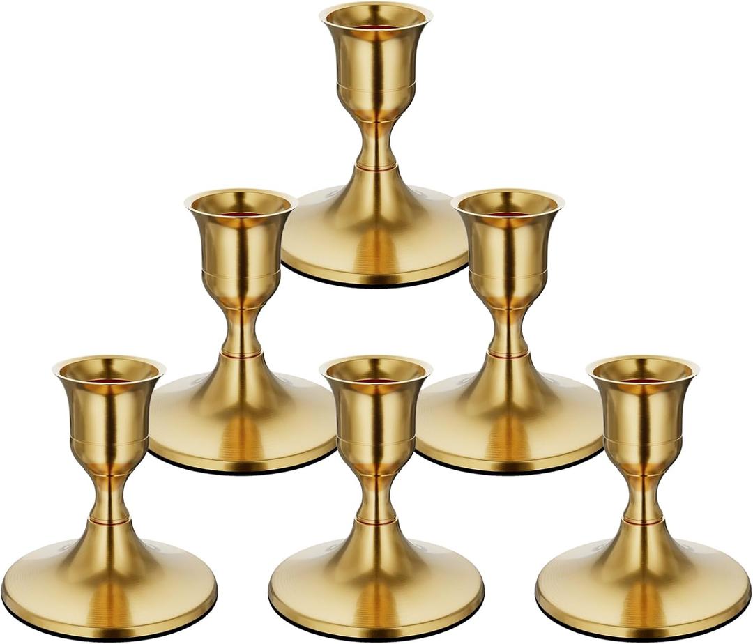 zeochyni 6PCS Brass Gold Taper Candle Holders, Vintage Metal Candlestick Holders for Dinner Room Table Centerpiece or Mantel Wedding Party Decor