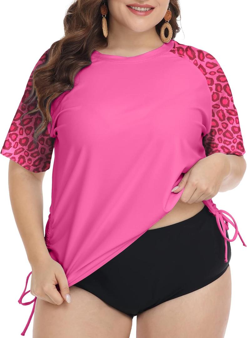 FOREYOND Plus Size Swim Tops Women Short Sleeve Rash Guard Shirts UPF 50+ Sun Protection Swimwear Swim Suits (4X-Large Plus, Pink Leopard)