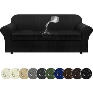 100% WaterproofCouch Cover 4-Piece Set Striped Sofa Slipcovers for 3 Cushion Couch Sofa Covers with TPU Leakproof Bottom Stretch Couch Protector Pet Proof - Sofa(3-Cushion), Black