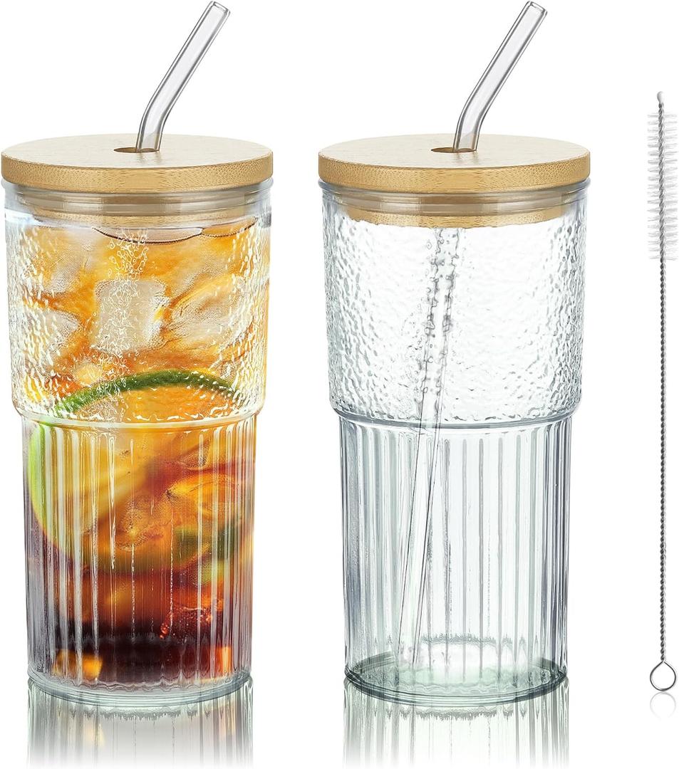 Joeyan 24 oz Clear Glass Tumbler with Straw and Bamboo Lid,Ribbed Large Glasses Cups for Iced Tea Coffee Smoothie Water Juice Beverages Soda,Thickened Drinking Jar,Set of 2,Dishwasher Safe, Medium 