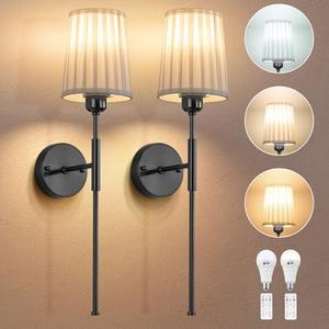 Glitnous Battery Operated Wall Sconce, Pleated Fabric Wall Sconces Battery Operated, Wireless Sconces Set of 2 with Removable Tail Pole, Rechargeable Wall Sconce for Bedroom, Living Room, Black