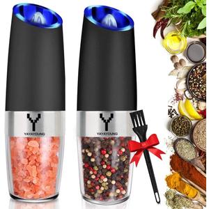 Gravity Electric Grinder set of 2,Automatic Pepper and Salt Mill Grinder with Blue LED LIGHT,Electric Pepper Mill with Adjustable Coarseness,Refillable,salt and pepper shaker,pepper grinder (Black)