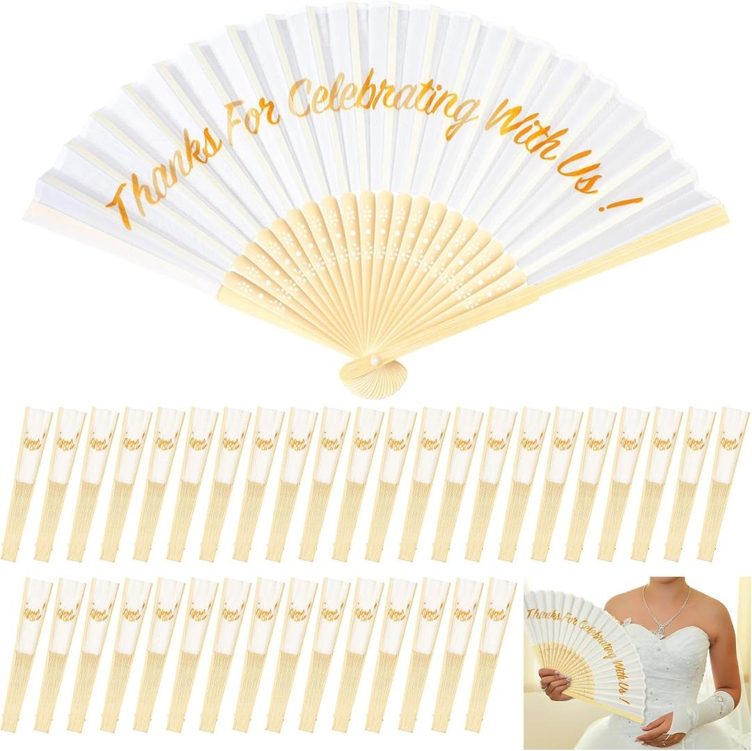 100 Pcs Wedding Fans for Guests Bulk Silk Chinese Wooden Folding Hand Fans Wedding Bridal Shower Favors White Vintage Thank You Gift for Bridesmaid, Friends, Family, Dancing Party Supplies