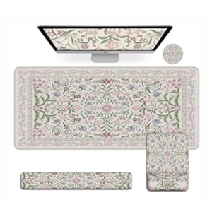 iCasso Mouse Pad with Wrist Rest,Large Desk Mat Set,Ergonomic Keyboard Pad with Wrist Support,Non-Slip Mouse Mat for Women,Cute Floral Computer Mat for Home Office Gaming (White)