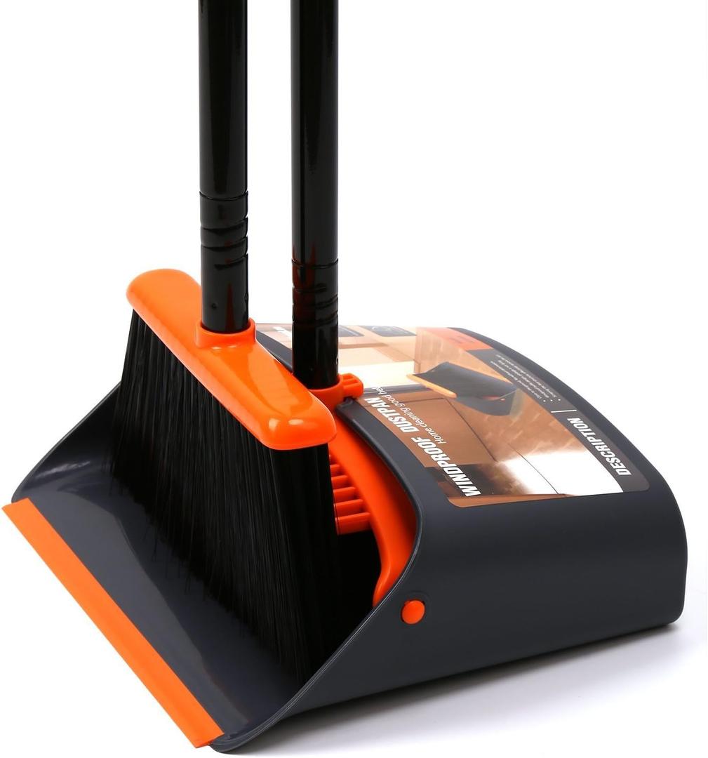 TreeLen Broom and Dustpan Set with 52" Long Handle for Home Kitchen Room Office Lobby Floor Use Upright Stand Up Stand Up Broom with Dustpan Combo - Orange