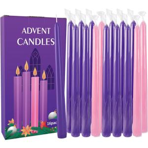 16-Pack Christmas Advent Candles (12 Purple & 4 Pink), 10 Inch Taper Candles for Holiday Decor - Unscented, Dripless & Long-Lasting for Church, Christmas, Weddings and Table Centerpieces