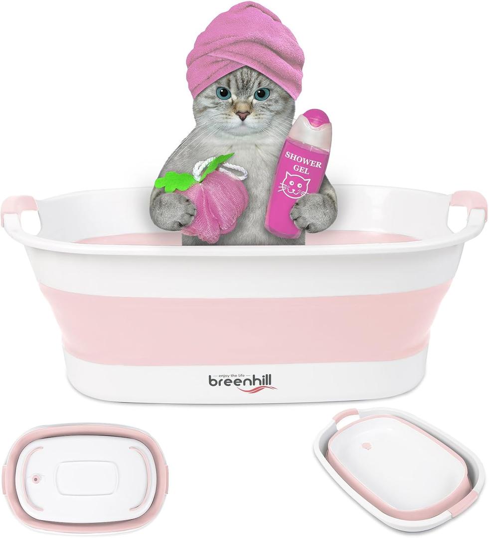 Collapsible Pet Bathtub with Water Drain Plug, Small Pets Portable Bath Tub for Puppy Small Dogs Cats, Portable & Space Saving Design, Pink