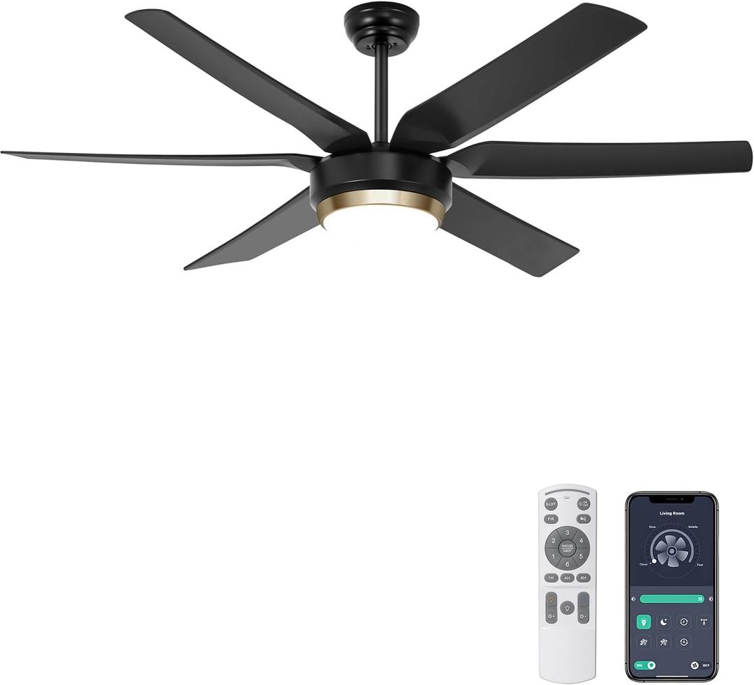 Ohniyou Ceiling Fans with Lights, 56'' Black Ceiling Fan Remote/APP Control, Dimmable, Quiet DC Motor Indoor/Outdoor Ceiling Fan for Living Room, Patios