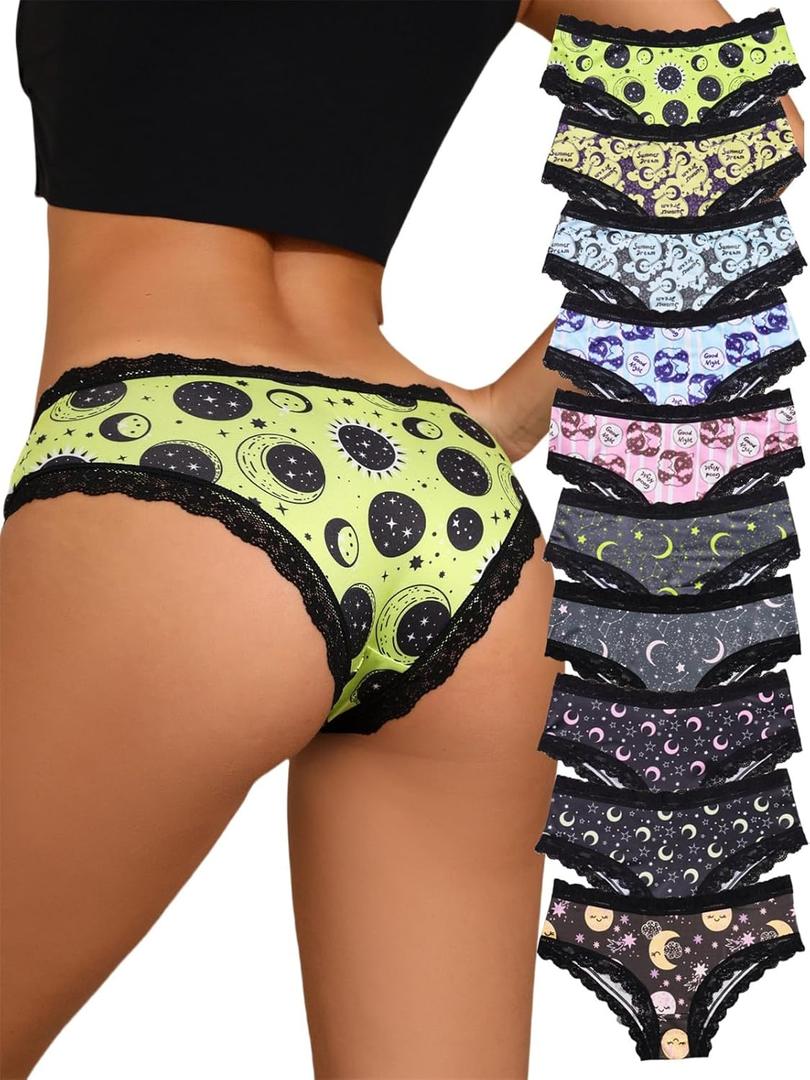 Morvia 10pcs Women's Gothic Contrast Lace Halloween Skull & Rose Print Hipster Panties Assorted Styles (Black, S)
