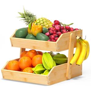 Gmtsl Bamboo Fruit Basket for Kitchen2 Tier Fruit Bowl For Kitchen Counter, Large Fruit Holder With 2 Banana Hangers, Idea For Fruit and Vegetable Storage, Bread Basket, Snack Organizer (BAMBOO)