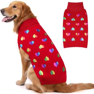 KYEESE Valentines Dog Sweater, Soft Large Dog Sweater with Heart Sequined Printing, Turtleneck Pet Sweaters for Large Dogs, Comfy Pet Sweaters Medium Size Dogs, Warm Pets Clothes with Leash Hole, 2XL (2XL (35-60lbs))