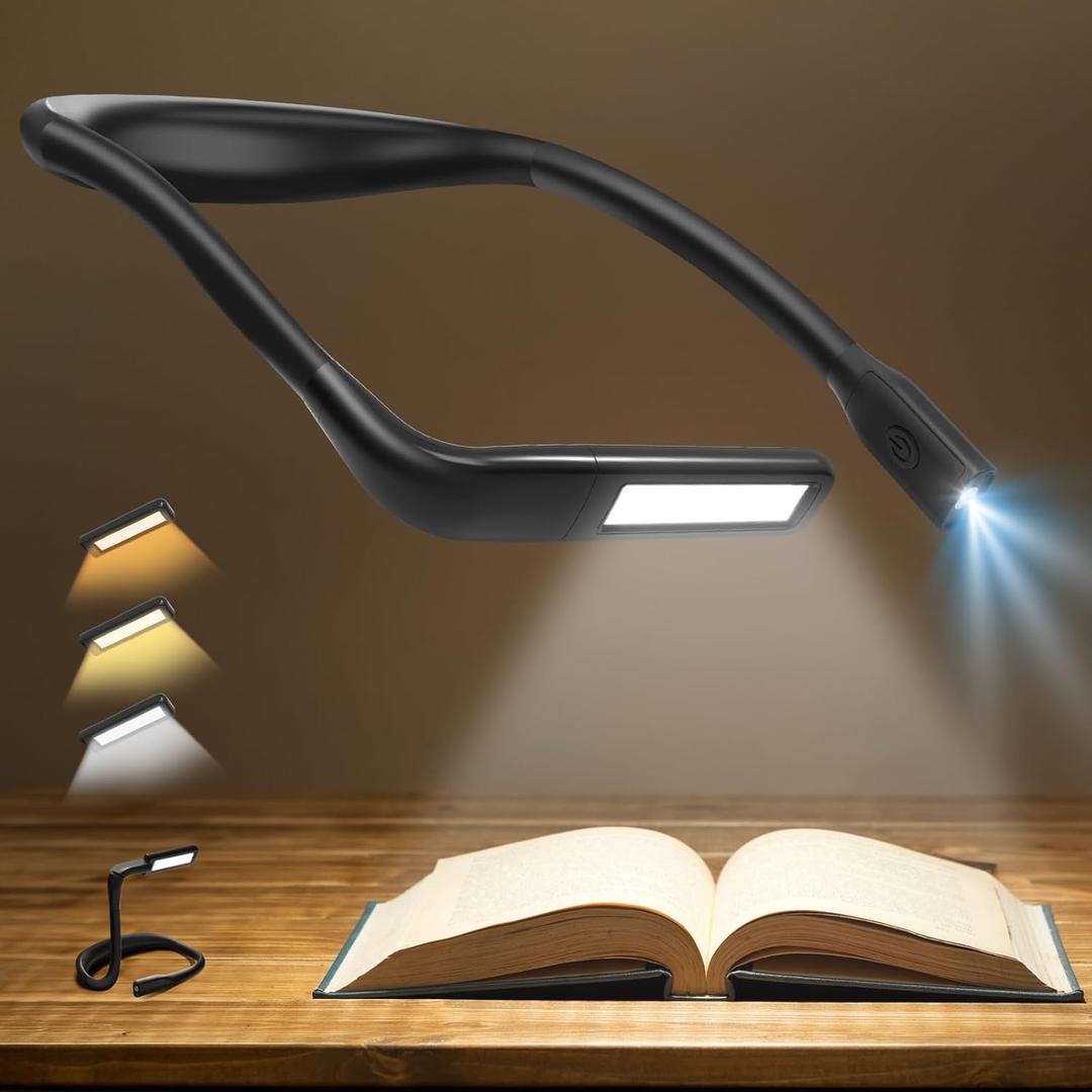 Neck Reading Light Book Lovers Gifts, Rechargeable 2000mAh 10-80Hrs Eye-friendly Wide Lamp Book Light, Fathers Day Dad Gifts for Men Husband, Camping Knitting Crochet Accessories and Gadgets for Women (Black)