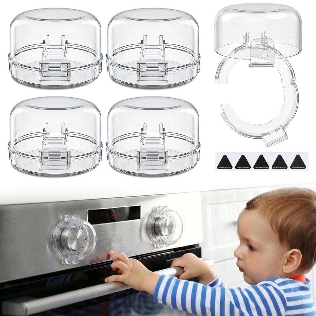 YEWROXY Stove Knob Covers for Child Safety – 5-Pack Heat-Resistant Oven Lock Knob Covers with Heat Alert Stickers, Baby and Pets Proofing Guards for Gas & Electric Stoves (Clear)