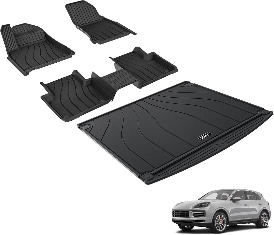 3W Floor mats &Cargo Liner for Porsche Cayenne 2019-2024 2025, TPE All Weather Custom Fit Floor Liner for Porsche Cayenne Full Set Car Mats, Black