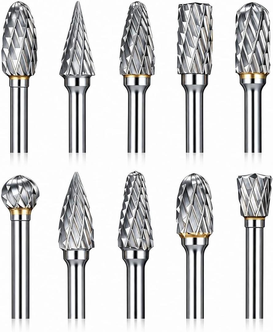 Sworker 10 Pcs Carbide Burr Set 1/8" Shank w/ 2 Collets Compatible with Dremel Bits Rotary Tools Attachment Kit Rasp Drill File Accessories Metal Wood Stone Steel Grinding Carving Cutting Polishing