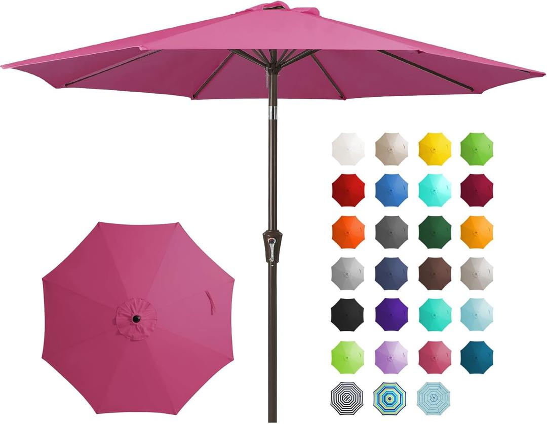 JEAREY 9FT Outdoor Patio Umbrella Outdoor Table Umbrella with Push Button Tilt and Crank, Market Umbrella 8 Sturdy Ribs UV Protection Waterproof for Garden, Deck, Backyard, Pool (Rose Pink)