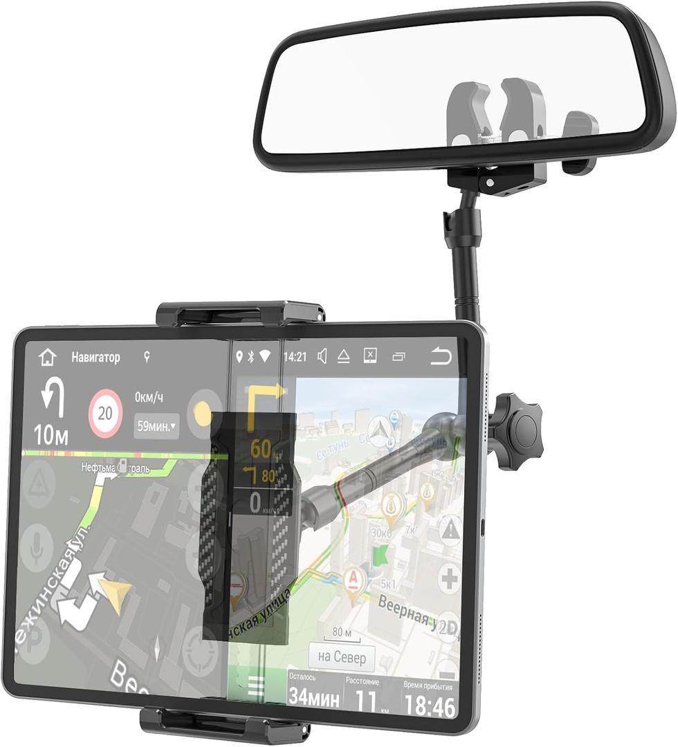 Rearview Mirror Tablet Holder- Metal Long Arm 360 Rotation and Folding, Rear View Mirror Tablet Holder, Fit Thick Cases (Deep Max 1.18'') for iPad Pro Air Mini, Galaxy Tab, iPhone, 6-15.6'' Devices