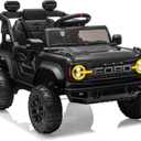 12V Ride on Toys for Kids, Licensed Ford Bronco Raptor Children Electric Vehicles, Toddler Battery Powered Car with Double Doors, 3 Point Safety Belt, Led Lights (12V, Black)