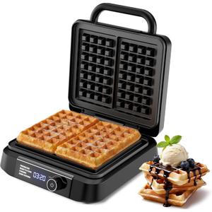 Waffle Maker, 1200W Belgian Waffle Maker, Dual Rectangular Thick Waffle Iron, 7-Level Browning LED Panel, Nonstick Plates, Anti-spill Design, Audible Ready Beep, Easy Cleanup, Stainless Steel (Black)
