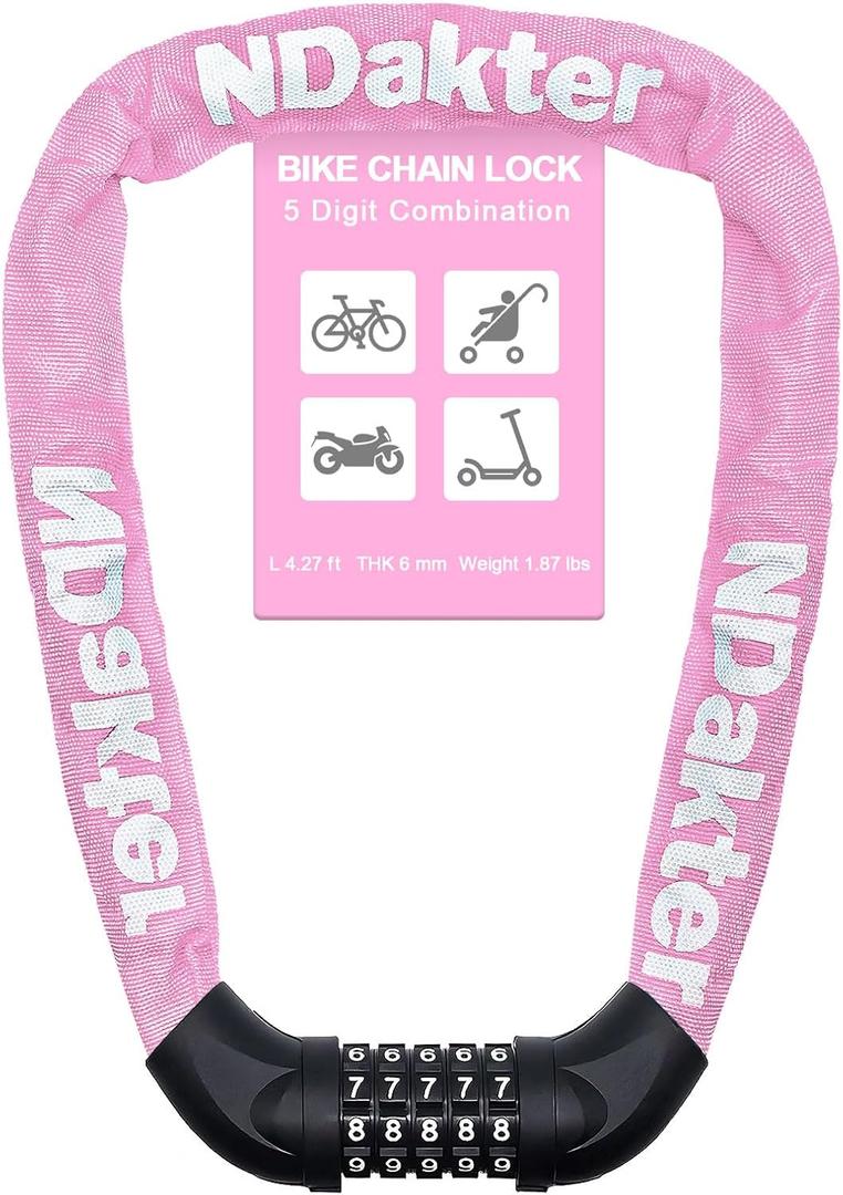 NDakter Bike Lock, 5 Digit Combination Heavy Duty Anti Theft Bicycle Chain Lock, High Security Resettable, Suitable for Bike, Scooter, Door, Gate, Fence-4/6mm Thick Size: 4.27 Ft Long, 0.24 in Thick