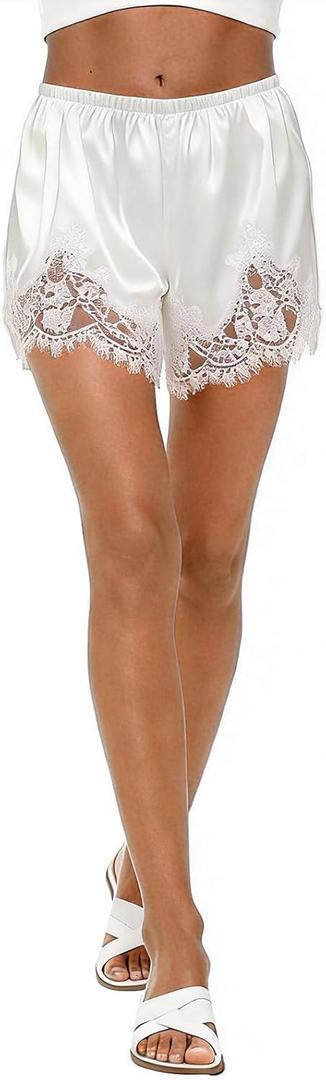 Women Satin Silk Lace Shorts, Elastic Waist Y2K Pajama Shorts Silky French Knickers Half Slip Mini Pjs Bottom (White)