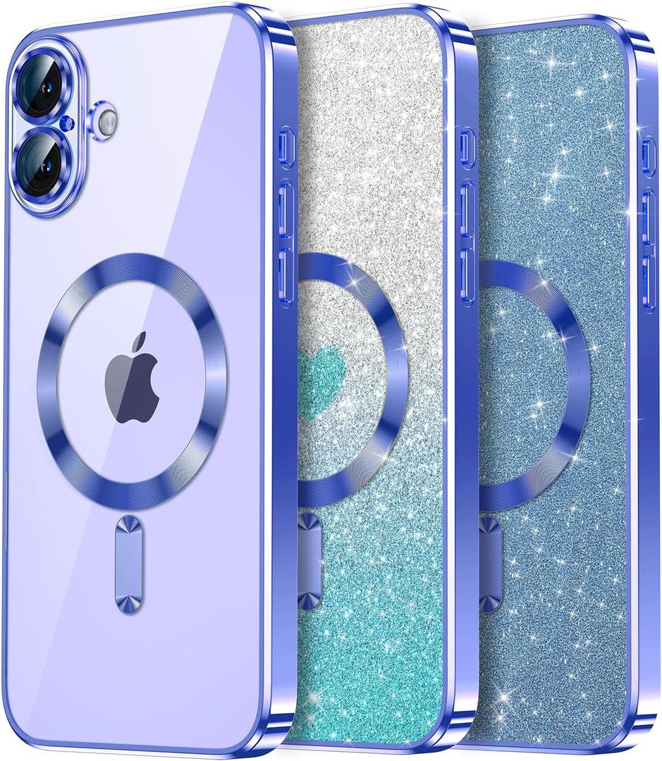 2 x for iPhone 16 Case with 1X Screen Protector, [Seamless Work with Magsafe] [Interchangeable Glitter Card], with Integrated Lens Protection Stylish Women Girls Phone Case for iPhone 16, Blue