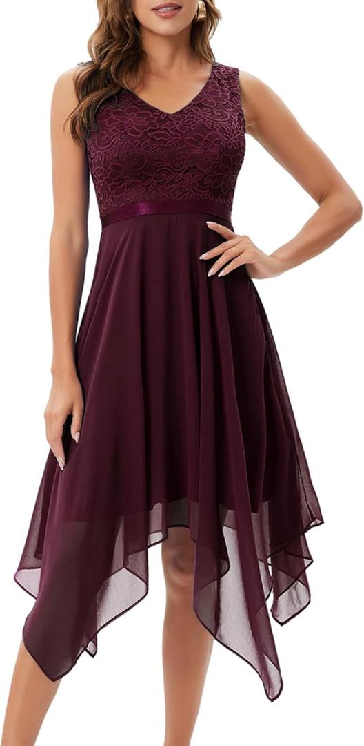 Meetjen Women's Lace Cocktail Party Dress 2025 Handkerchief Hem Bridesmaid Prom Formal Dresses for Wedding Guest (X-Large, Burgundy_chiffon Skirt)