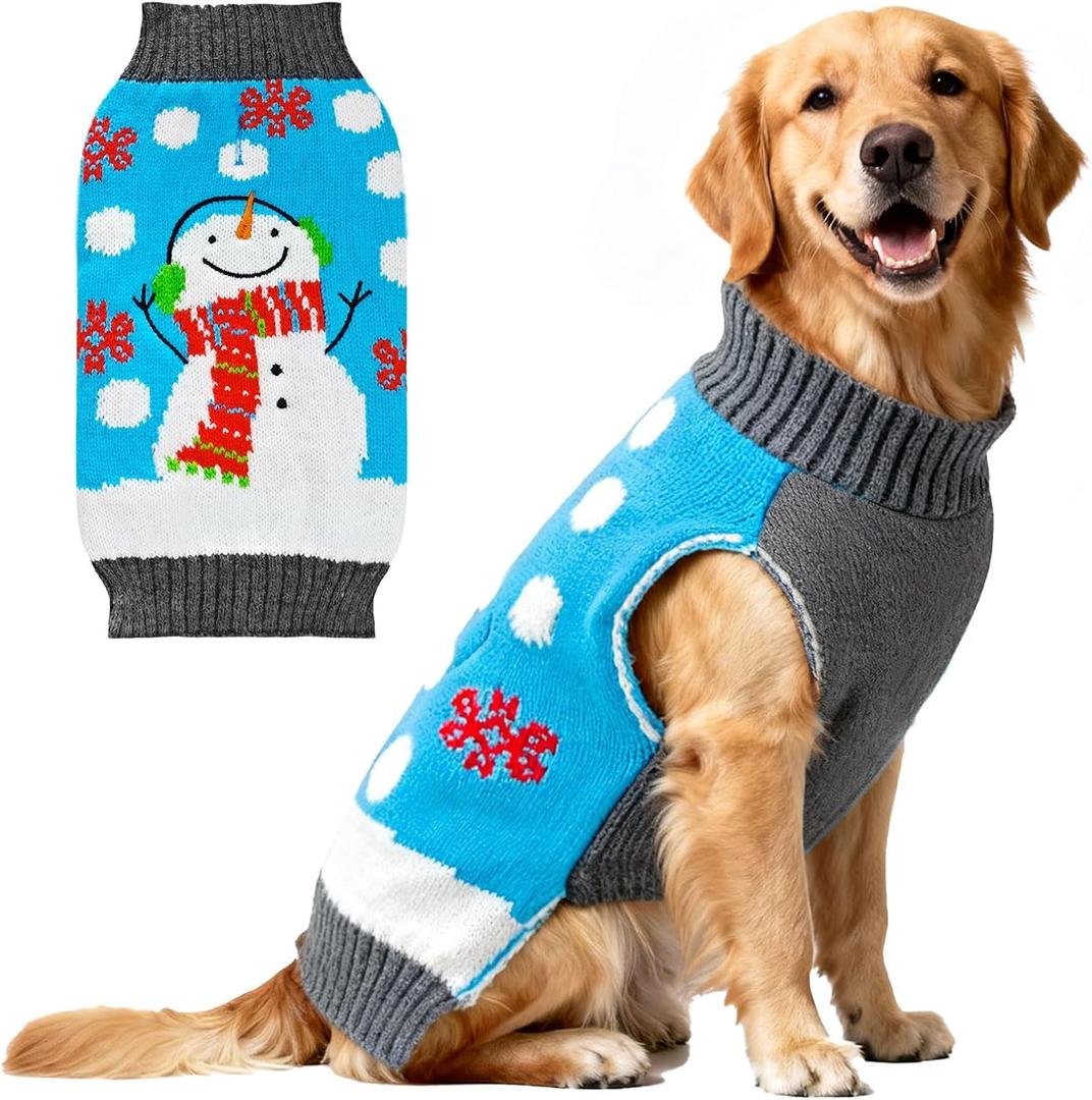 Dog Christmas Sweater Cute Blue Snowman Xmas Dog Cat Outfit New Year Holiday Costumes Puppy Cat Sweater with Leash Hole for  Dogs Girl Boy Turtleneck Winter Warm Pet Clothes, Size XXL