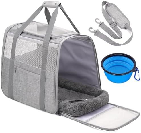 JUNGYOUN Premium ​Cat Carrier - ​Pet Carrier for Cat & Small Dogs up to 15lbs - ​Airline Approved Travel Dog Carrier with Anti-Escape Zippers, Collapsible Travel Bowl & Padded Strap,Grey