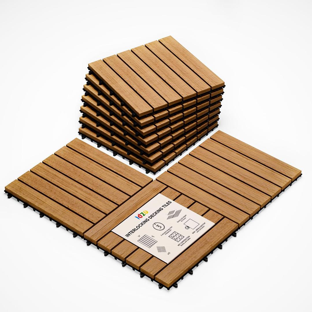 Idzo Interlocking Deck Tiles 9.6 SQFT - 10PCS Waterproof Acacia Wood Patio Tiles, Flooring Tiles for Indoor and Outdoor - Decking Stripe Pattern, 11.81 x 11.81 x 0.91 Inches, Golden, 6 Slats, Stripe Pattern