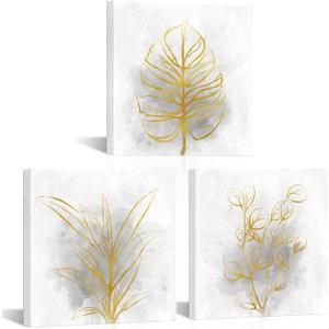 HOMEOART Gold Grey Botanical Leaf Art Prints Bathroom Decor Picture Framed Artwork for Dining Room 12x12inchx, 3Pieces