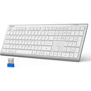 TECKNET Bluetooth Keyboard Rechargeable, 4-Device Free Switching (2.4G+BT), Ultra-Slim Full Size Wireless Keyboard, Quiet Typing, for PC/Laptop/Smart TV/Phone, Adjustable Stand, 12 Multimedia Keys (White)