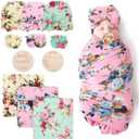 DRESHOW BQUBO Floral Swaddles for Baby Girl Newborn Receiving Blanket with Bow Hat Mittens Wooden Birth Announcement Card Set Baby Floral Print Swaddle Nursery Swaddle Wrap, 3 Pack