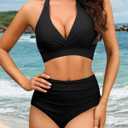 Women's Halter Bikini Sets High Waisted Tummy Control Swimsuit V Neck Push Up Bathing Suits (Black, L)