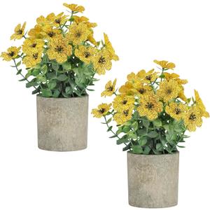 2 Pack Small Fake Plants Potted Artificial Plants Artificial Flowers Potted Faux Flower Daisy with Eucalyptus Leaves for Home Decor Office Room Farmhouse Indoor Table Bathroom DecorYellow