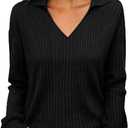KIRUNDO Long Sleeve Shirts for Women 2025 Fall Fashion Outfits Going Out Tops Collar V Neck Blouses Ribbed Knit Loose Tunic (Small, Black)