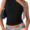 ForeFair Women One Shoulder Going Out Crop Tank Tops Slim Fit Sleeveless Shirts Y2k Cute Top, L, Black