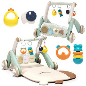 2 in 1 Baby Gym with Walker,Baby Play Mat with 4 Infant Learning Sensory,Double-Sided Multifunctional Removable Play Piano Panel,Sit-to-Stand Learning Walker for 0-24 Months Boy Girl [White]
