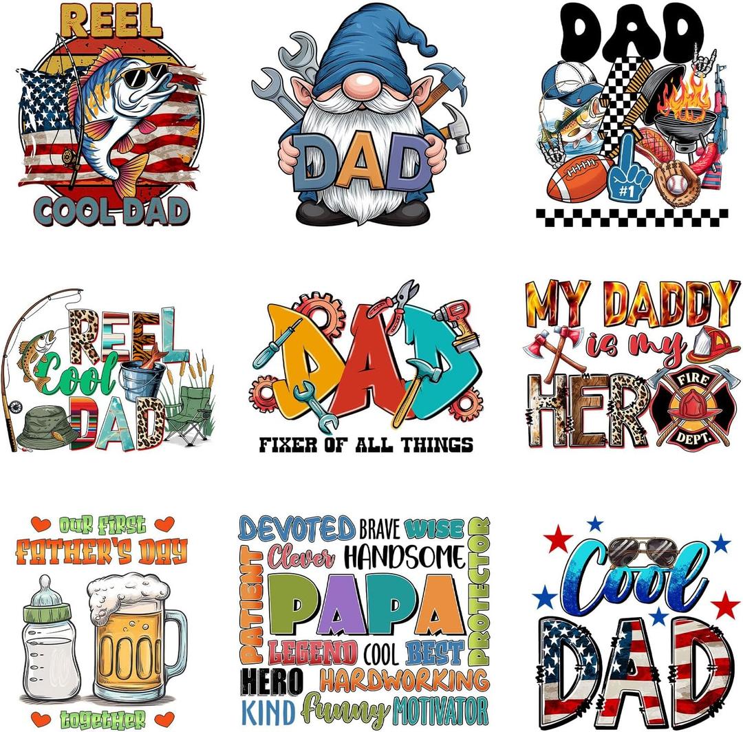 9Pcs Dad Father's Day Iron on Decals for T-Shirt DIY Washable Heat Transfer Vinyl Stickers for Clothing Jeans Pillow Covers Applique